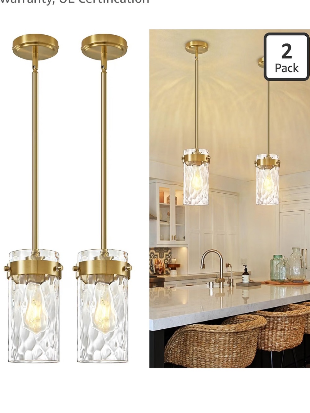 NIB Brushed Gold Pendant Lights for Kitchen Island 4.72" Hammered Glass 2 Pack